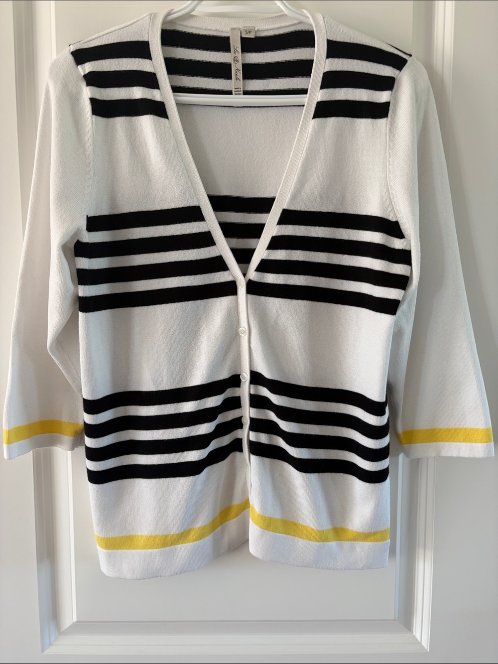 Leo & Nicole White Striped V-Neck Cardigan with Black & Yellow Accents. C16